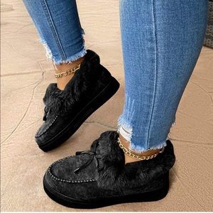 Womens Mocassin Black Winter Fur Booties Sz 10.5